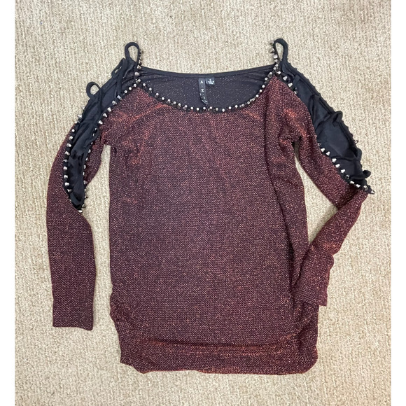 A.Z.I Jeans Black Glitter‎ Top S Lattice Cutout Sleeves Whimsigoth Punk Goth - Picture 1 of 8